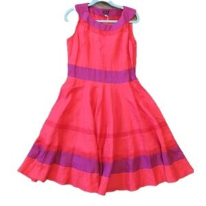 J.Peterman Dress 14 Midi Fit & Flare Colorblock Stripes 100% Linen Red & Purple